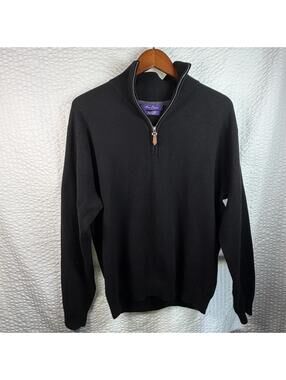 Alan Flusser Sweater Mens Large Black 100% Cashmere 1/4 Zip Mock Neck READ